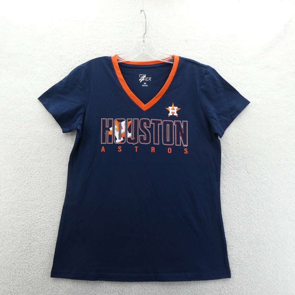 G-III Shirt Womens Medium Houston Astros Navy Blue Orange V-Neck‎ Cotton Blend